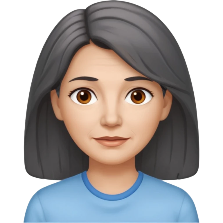 vit medelålders kvinna med grå slingor i långt mörkbrunt hår bruna ögon ljusblå skjorta  emoji