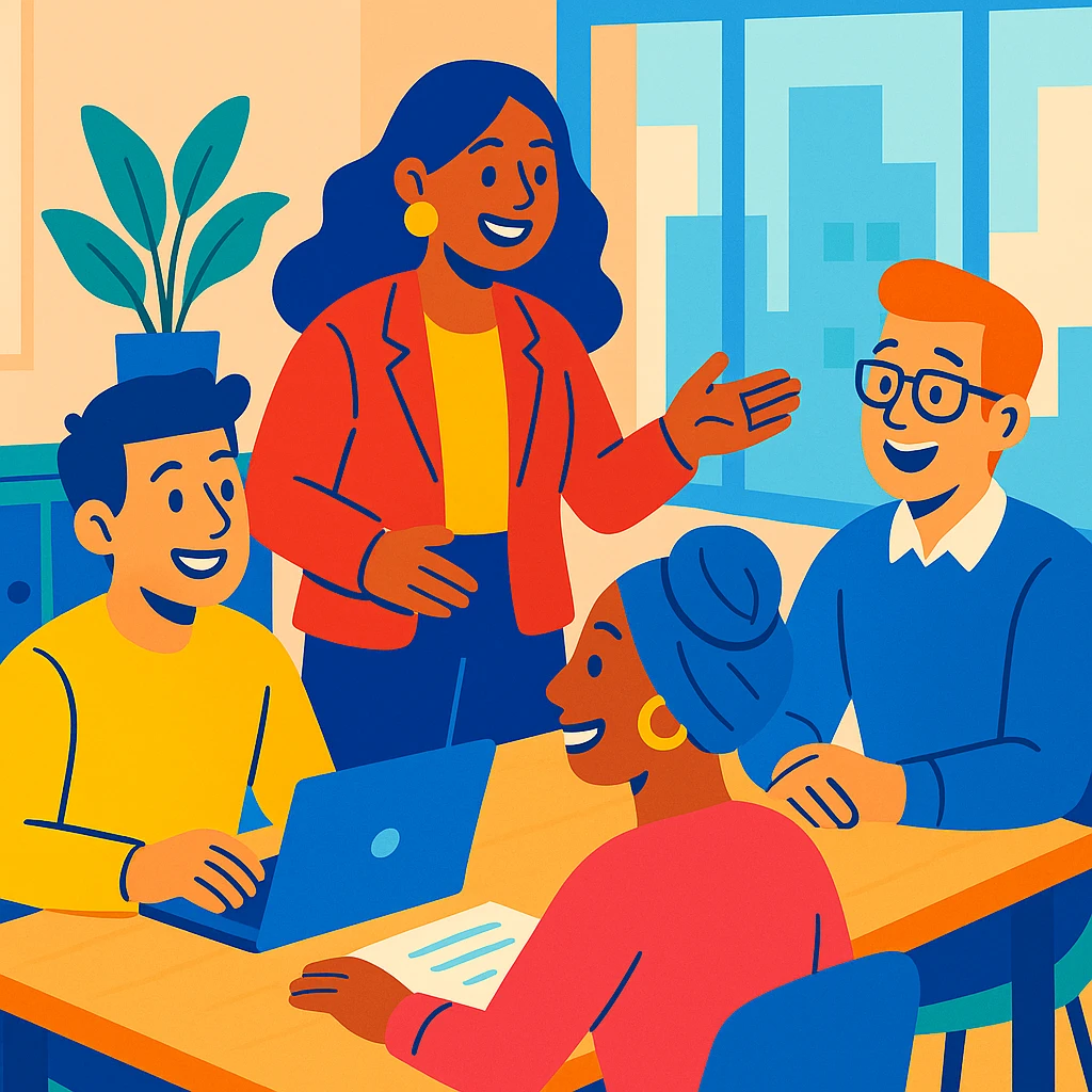 a friendly work team during a briefing, smiling, collaborative, modern office, diverse group, vibrant colors emoji