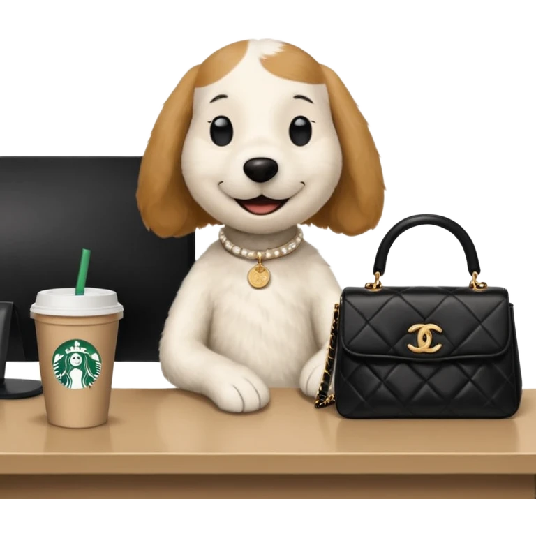 snoopy in a desk with starbucks and his chanel purse emoji