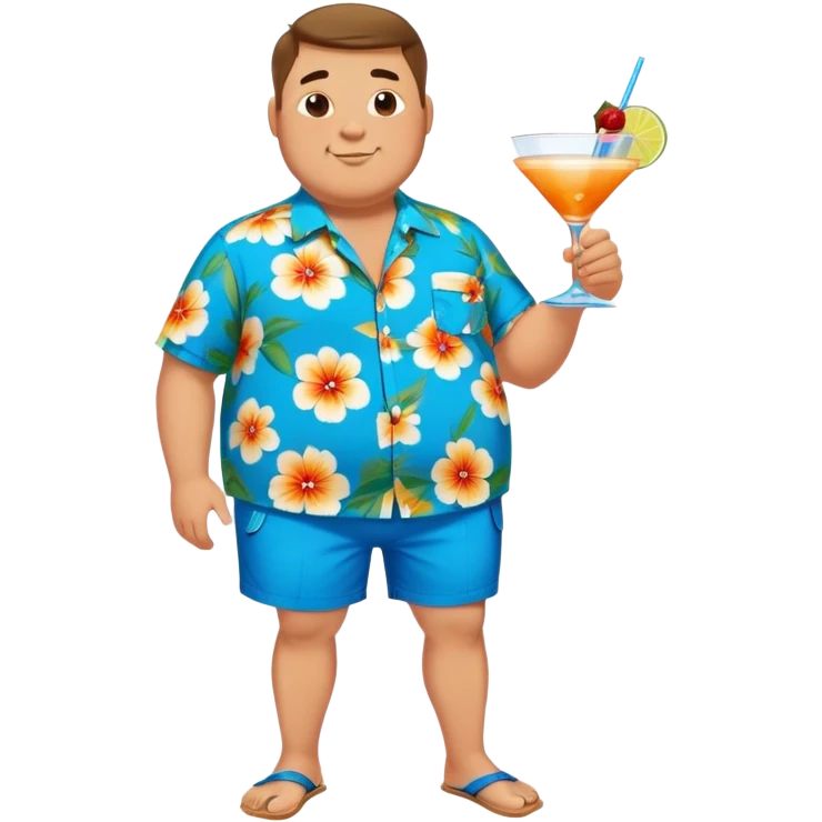 chubby guy full figure in a flowered azure havai shirt, brown shorts and flippers holding a cocktail emoji