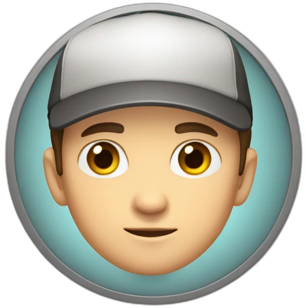 Guy with brown hair and short, brown eyes with a cap that is inside a circle window that try to exit emoji