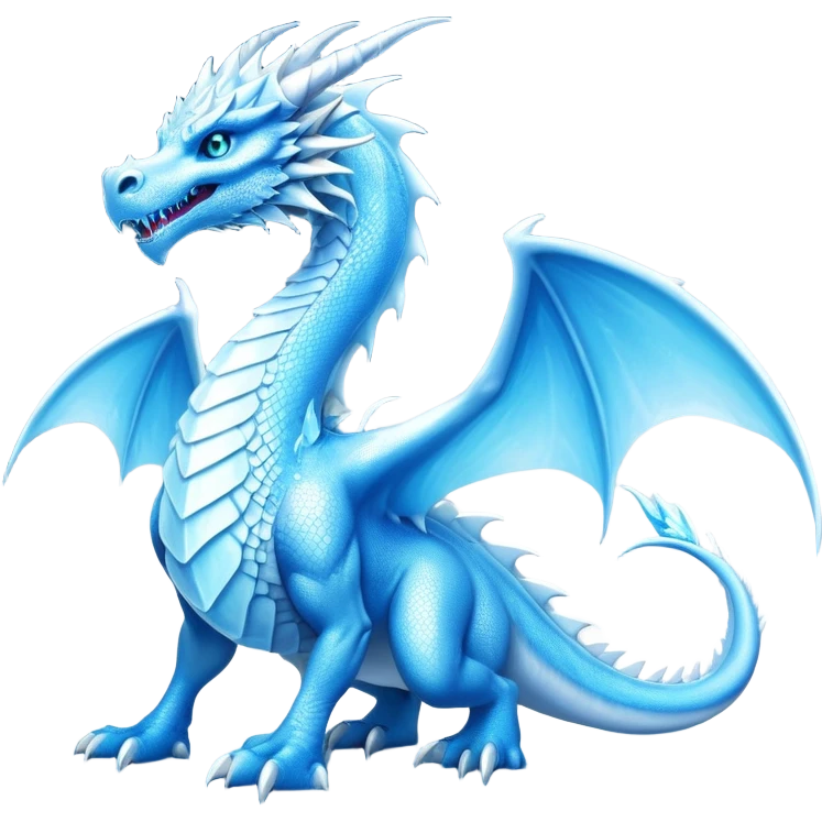 Cinematic Noble very elegant Ice Dragon full body  Emoji, Poised and imposing, distinct long elegant snout, with a slender, scaled body shimmering in glacial hues of icy blue, frostbitten silver, and crystalline white, breathing out frost, with piercing, glowing ice blue white eyes that radiate the chilling depths of an arctic storm; rendered in detail. excuding wisdom emoji