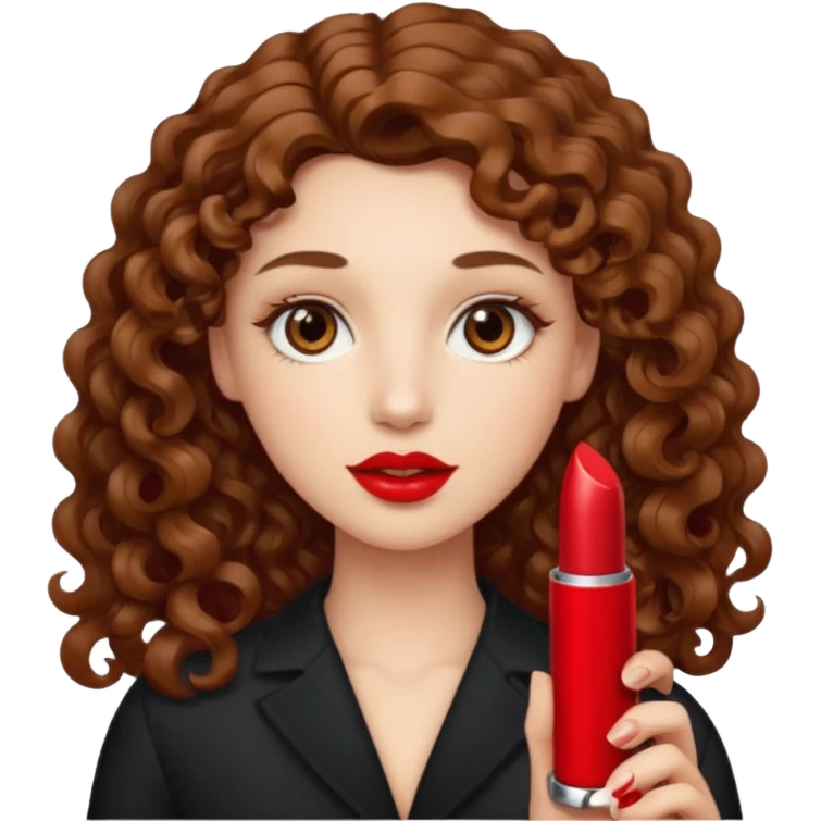 Ojos café claro, piel clara, cabello largo rizado color castaño sosteniendo un labial rojo emoji