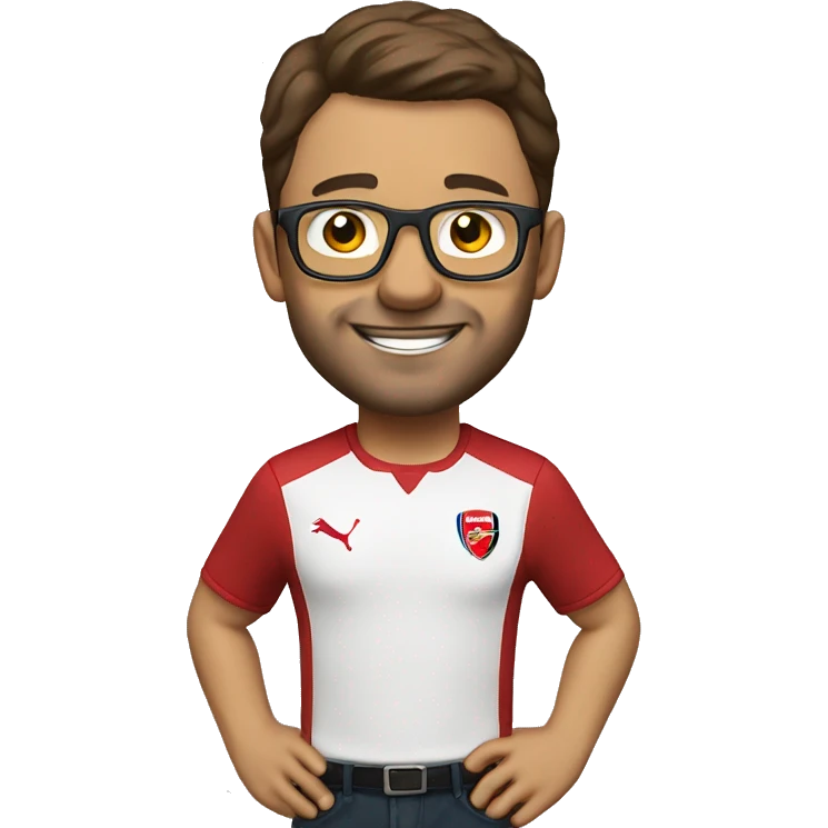 man mid 30 age arsenal shirt glasses short brown hair celebrating emoji