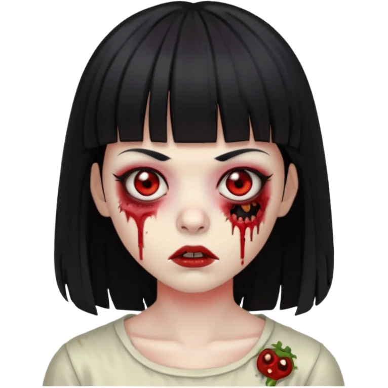 zumbie com cabelo preto e liso de franja vegana e olhos vermelho emoji