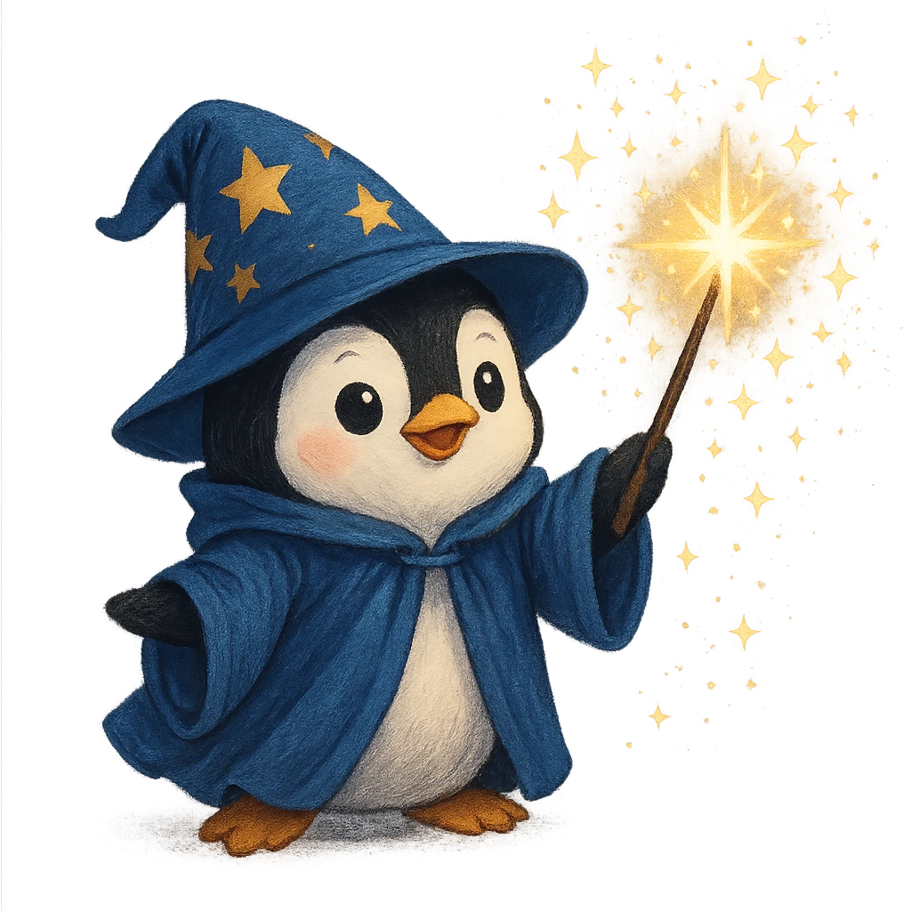 penguin wizard casting a spell, sparkles around, holding a wand emoji