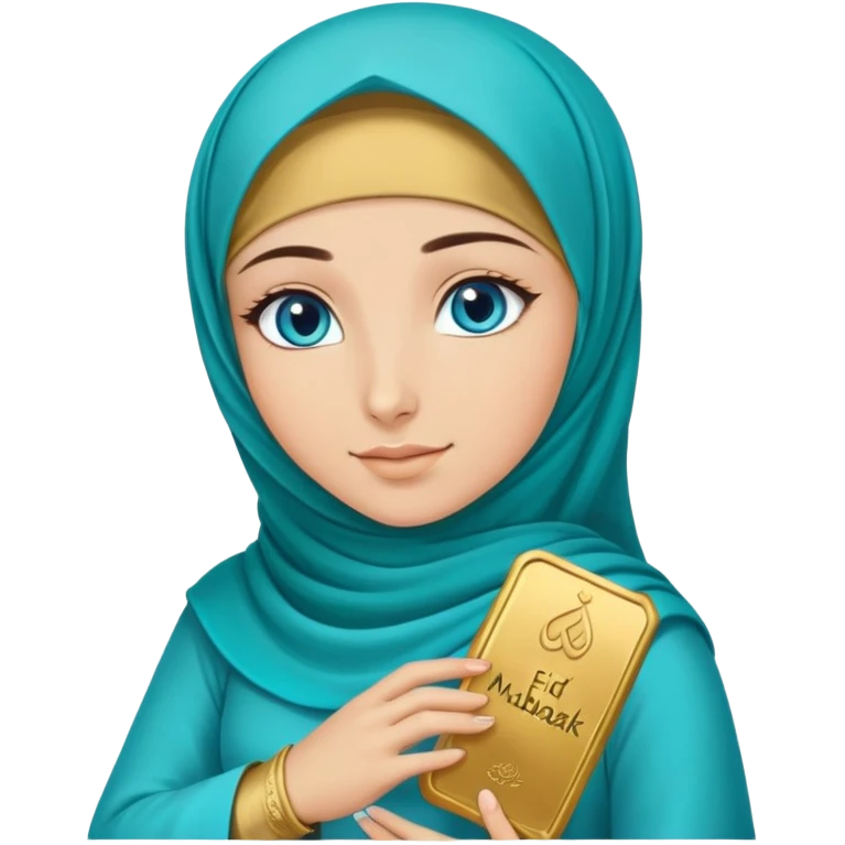 Turkish beautiful finish Konya girl blue eyes with gold hijab and islamic long tailed turquoise dress and had on her hand text Eid Mubarak  emoji