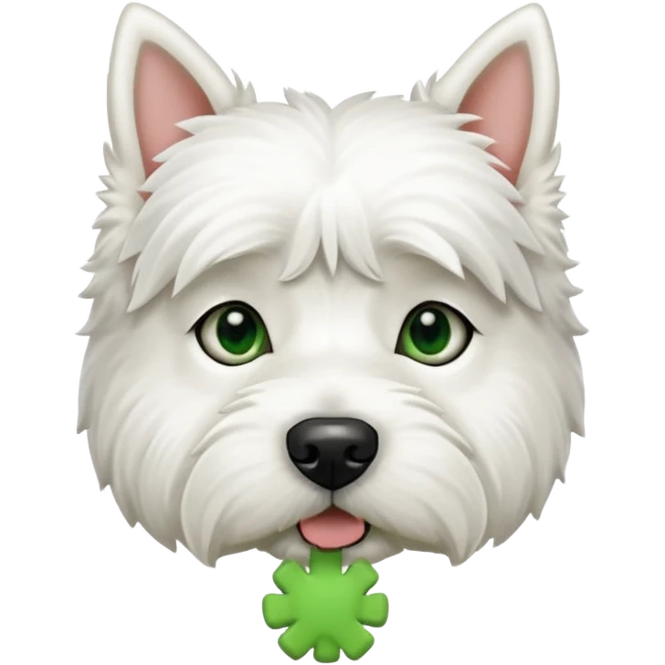 a west highland terrier dog with a green bone treat in its mouth  emoji