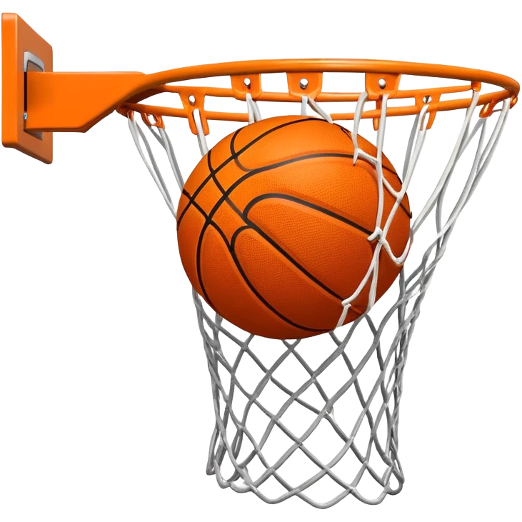 A close-up of a basketball shield and hoop with the ball swishing through the net, captured mid-air. The background emphasizes the tension and excitement of the moment, with the rim and net in sharp focus, showcasing the precision and skill of the sport. emoji