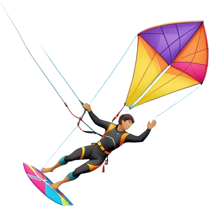 A kitesurfer soaring through the sky, harnessing the wind on a bright, colorful kite. The scene shows the surfer gliding over the water with the kite above, emphasizing the freedom, speed, and thrill of the sport in a dynamic coastal setting. emoji