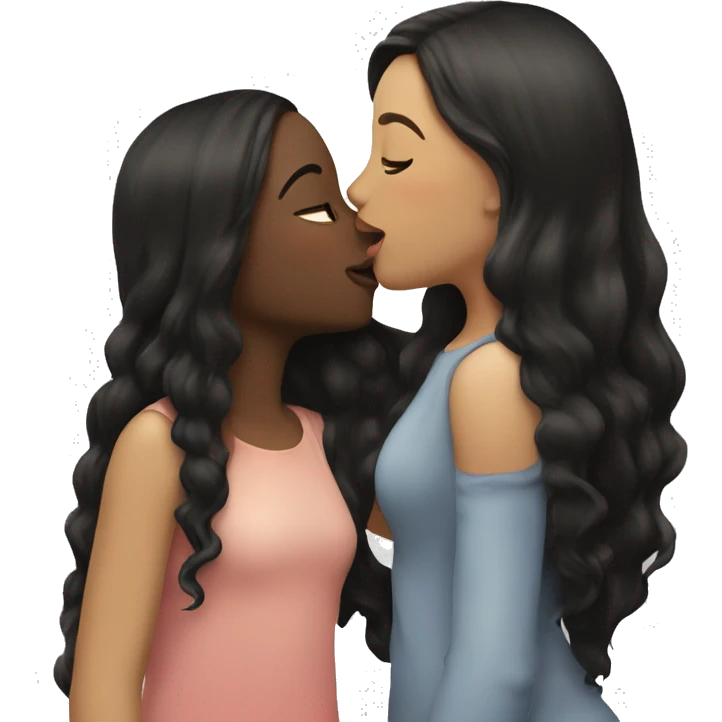 A girl kissing another girl on the cheek, both are blushing. They both have white skin and long black hair emoji