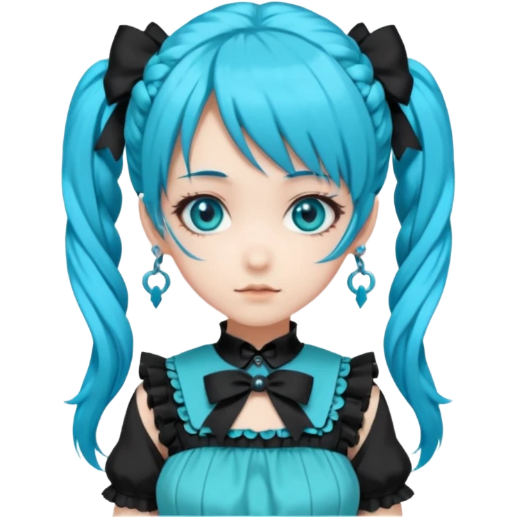 anime-style female character with bright turquoise hair styled in twin tails and matching blue eyes. Her outfit is a frilly turquoise and black dress in a Lolita-esque style, heavily contrasted with black ribbons and trim. A key detail is the prominent "AWP" logo printed in black on the chest, emoji
