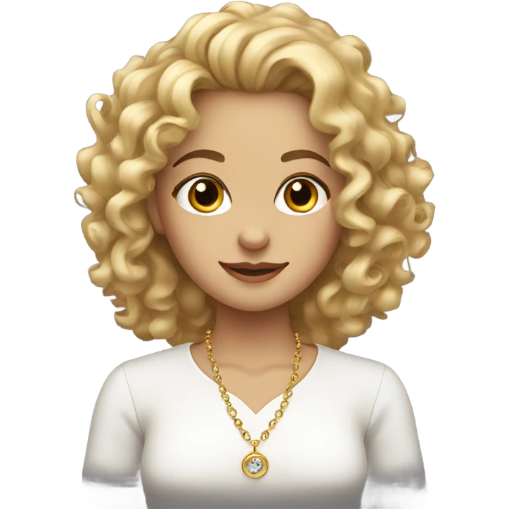 A curly - haired blonde girl in a white blouse with a necklace around her neck emoji