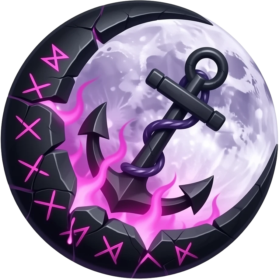 „blackened crescent‑moon fused with a jagged anchor, cracked runic engravings glowing violet, thin pink curse‑energy leaking like burning veins, soft moonlight catching the cracks, drifting shadow‑mist, ultra‑detailed, black‑violet‑pink palette, no characters“ emoji