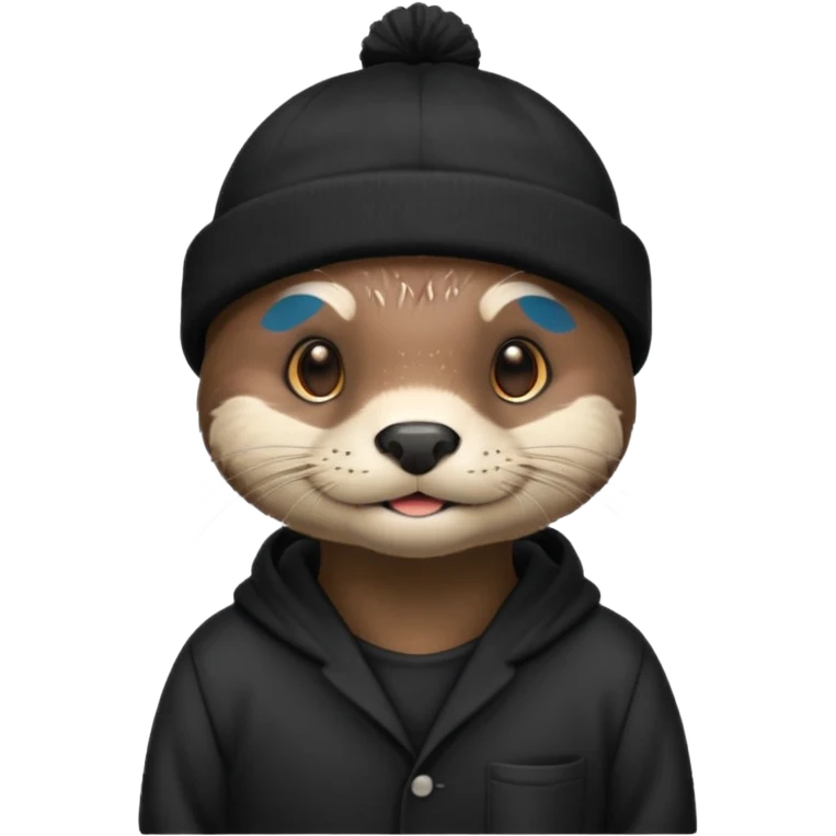 Otter wearing black pajamas with a black beanie emoji