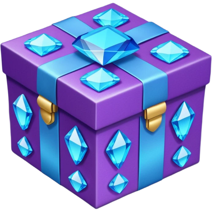  gift box . The square box displays vibrant purple panels with shimmering blue accents and intricate metallic detailing along its borders. Embed decorative gemstones and crystals at each corner for added visual interest. emoji