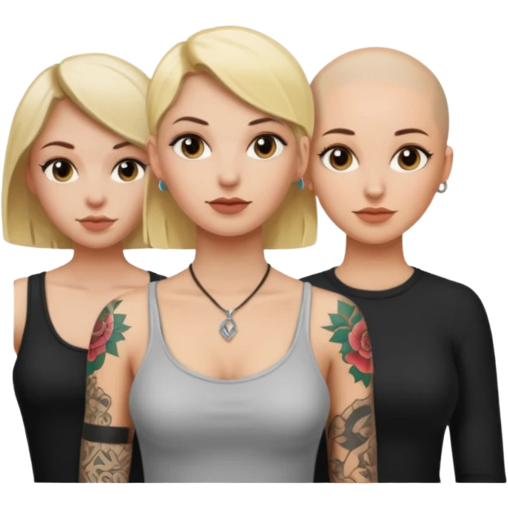 throuple blonde femaleand brunette female with bald tattooed emoji