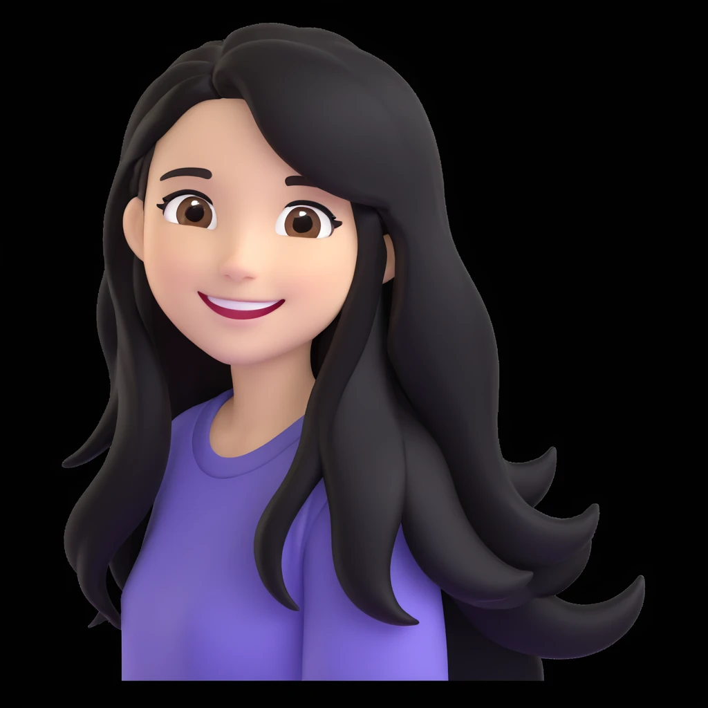 emoji of a white girl with black long hair and brown eyes, smiling emoji