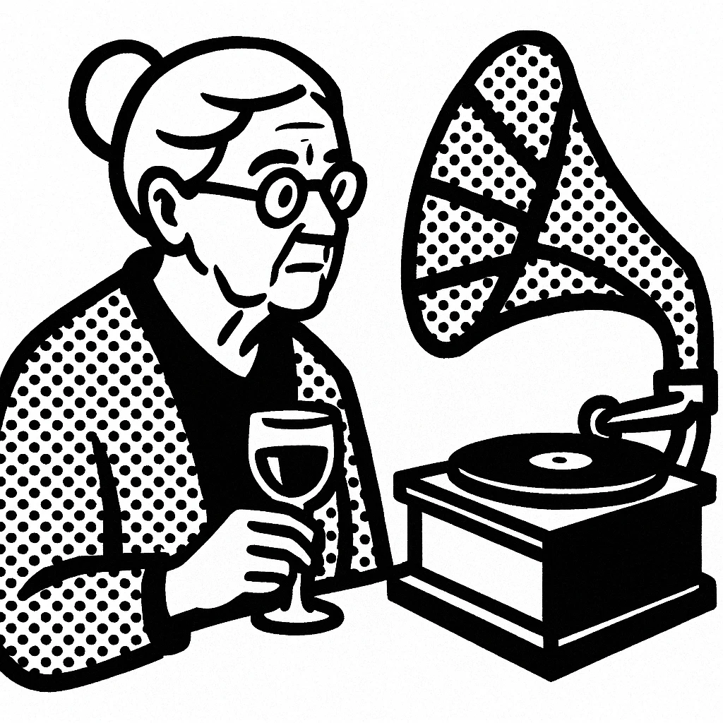old lady with wineglass listening to gramophone emoji
