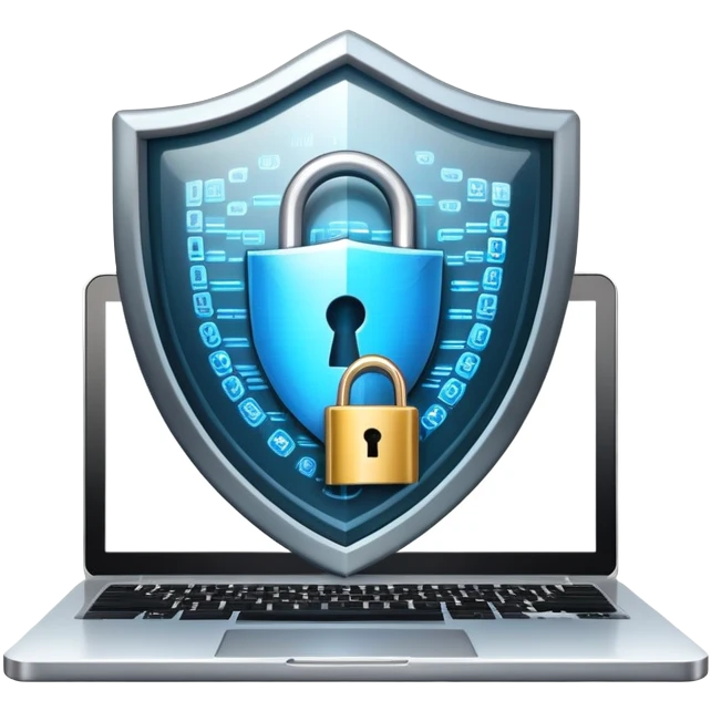 An icon featuring a digital shield with a lock, binary code, symbolizing cybersecurity. The design includes a laptop, warning icons, and secure network nodes, representing protection against cyber threats. Transparent background highlights digital safety and defense. emoji