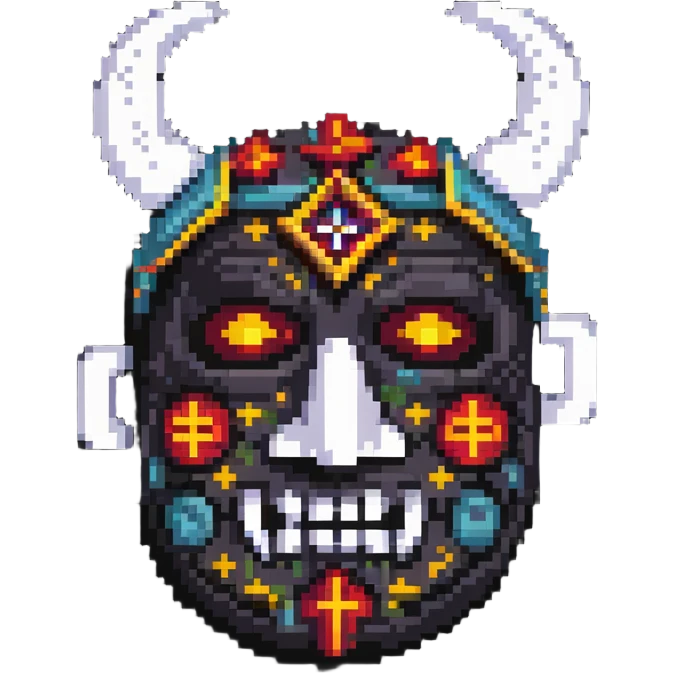 sackface character with elaborate ritual symbols stitched into mask emoji