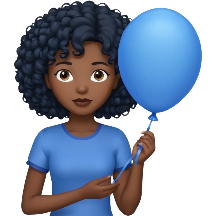 woman with curly black hair and dark face, holding blue balloon emoji