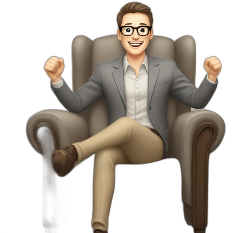 Joyful Celebrating victory Hands up Pale skinned Fit Man With dark brown hair in gray jacket, beige office shirt, Brown pants and vintage glasses sitting In a soft chair emoji