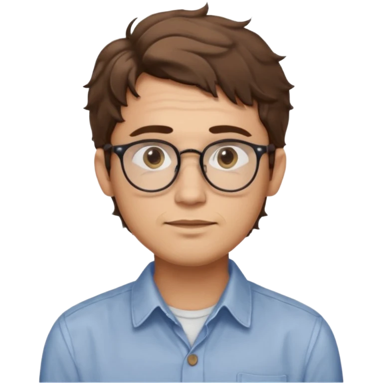 male Slim, slightly oval face, light skin.
Medium-length brown wavy hair, slightly messy.
Brown eyes, round eyeglasses.
Soft, calm expression.
No beard or very light stubble. emoji