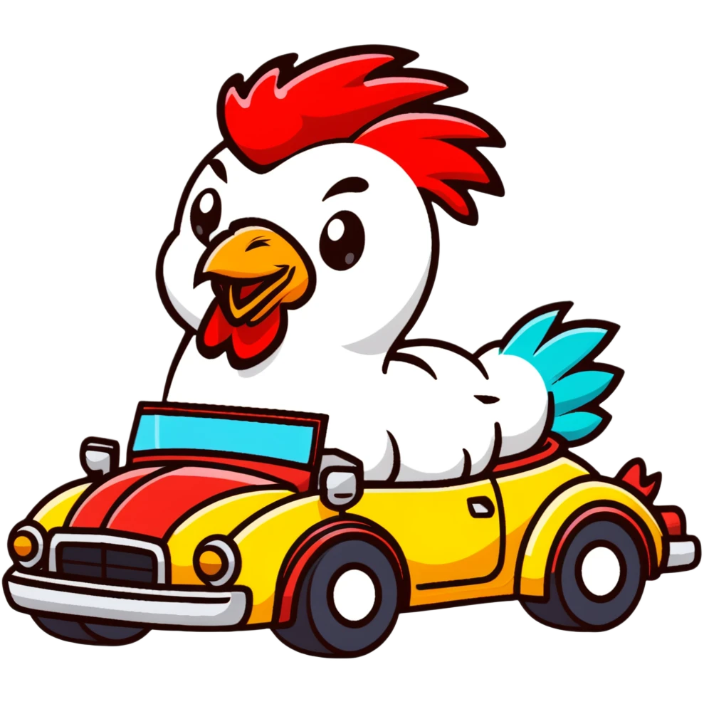 colorful rooster in a convertible sports car emoji