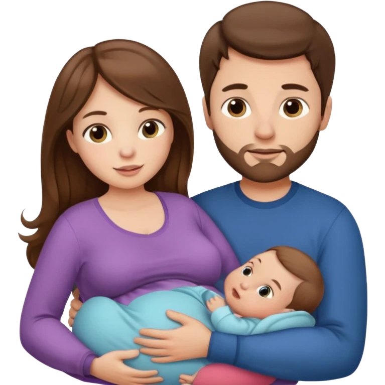 Pregnant woman with long brown hair and fair skin, and man with short brown hair and fair skin, holding a baby in his arms.

 emoji