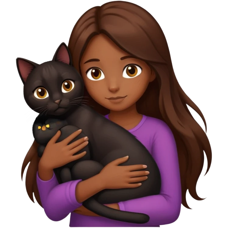 A girl with long brown hair hugs a black cat tightly emoji