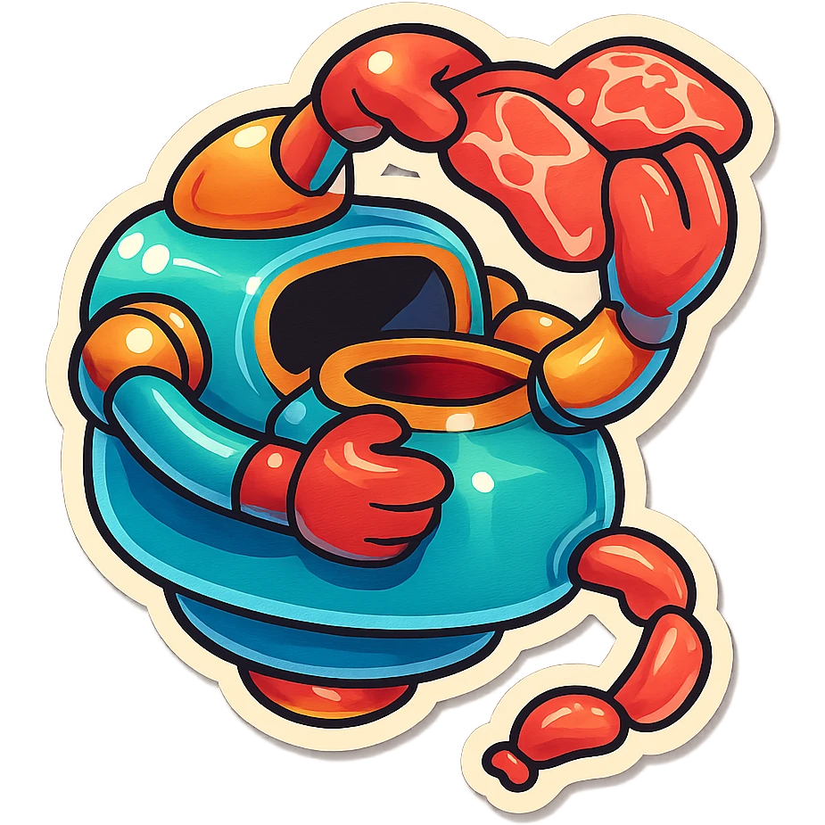 a robot that uses arms to put meat in large hole on top. sausage links come out robots rear. no legs on robot. robot hovers. robot feeds itself meat emoji