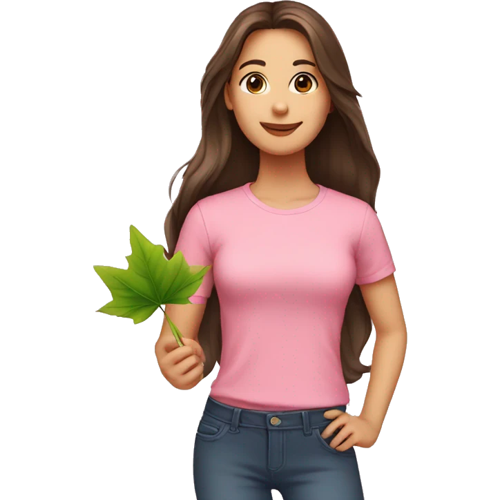 brunette long hair pink shirt, leaf in hand emoji