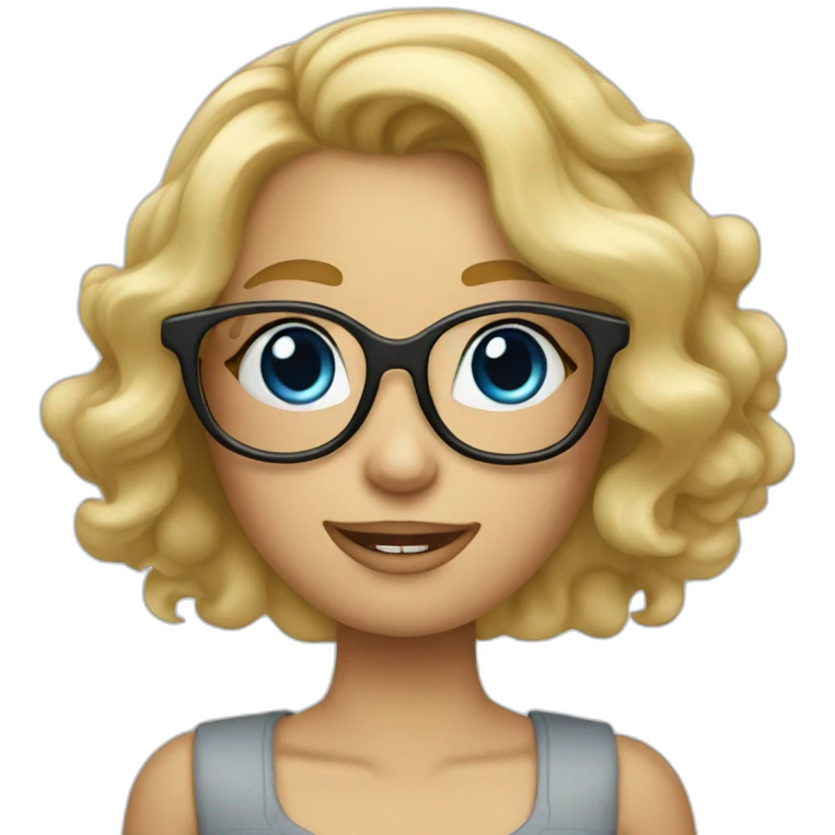 Blond girl with wavy hair, glasses, blue eyes, apple computer and arms tattoed emoji