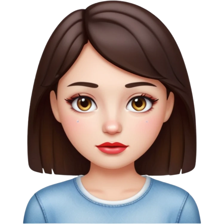 “Emoji brunette girl white top, dewy skin, heavy blush across cheeks and nose bridge, glossy cherry lips, soft eyeliner, teary sparkling eyes like hanni from new jeans emoji