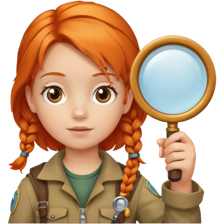 braid orange haired girl kid in explorer outfit, holding magnifying glass emoji
