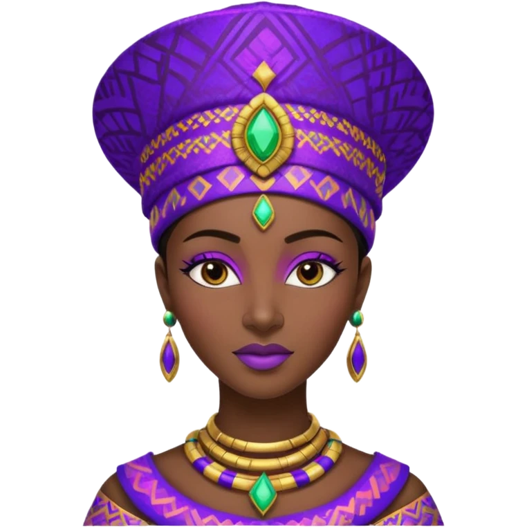 Create me an emoji of a beautiful Ethiopian Queen of Sheba wearing a neon purple gradient African patterns with metallic "isicholo" (a Zulu-inspired hat).  emoji