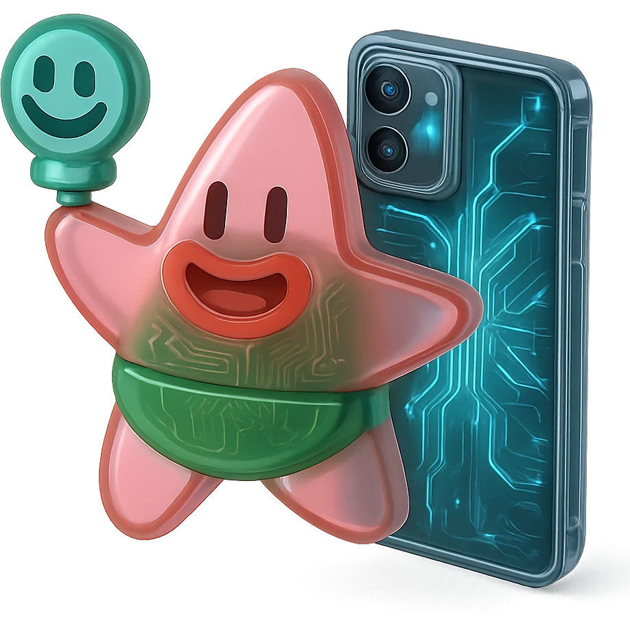 A futuristic smartphone with glowing internal circuitry visible through the translucent casing emoji