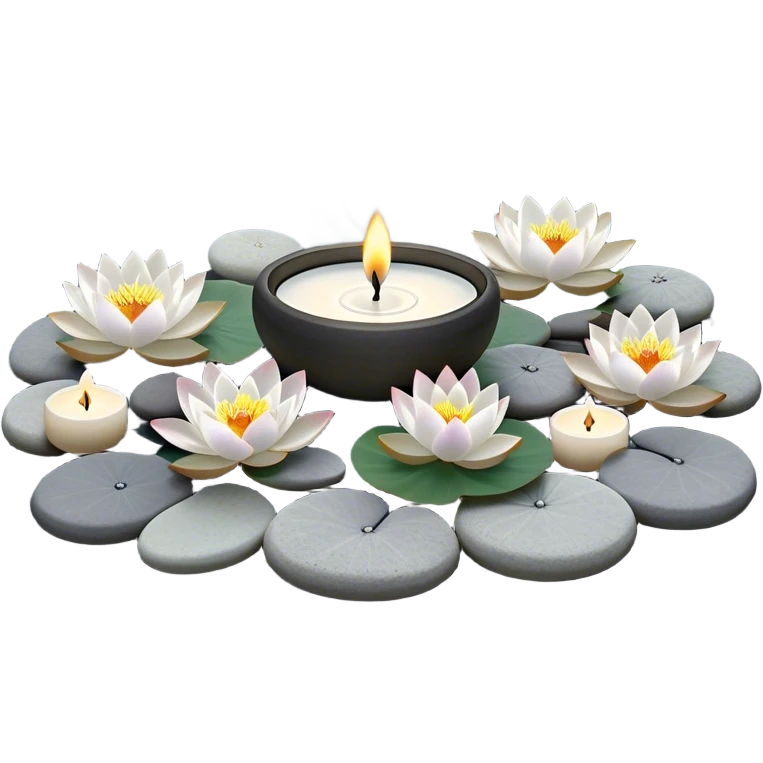 A photorealistic icon featuring lotus flowers, burning incense sticks with smoke rising, smooth round sea stones, and multiple small round candles arranged in a calming, tranquil setting. Soft, peaceful colors with detailed textures that evoke mindfulness and inner peace. Transparent background emoji