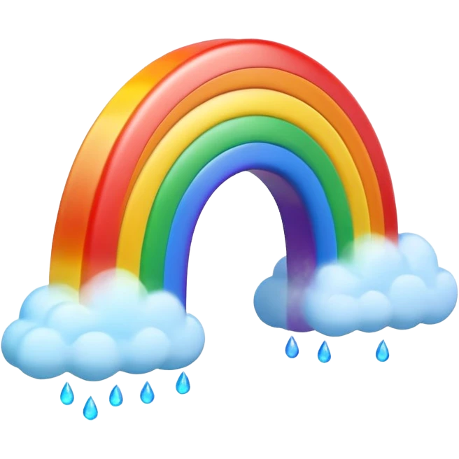3D render of Rainbow, miniature weather phenomenon, volumetric particle effects, translucent arc with Red, Orange, Yellow, Green, Blue, Violet, elemental energy, emoji style, isolated on white background --v 6.0. emoji