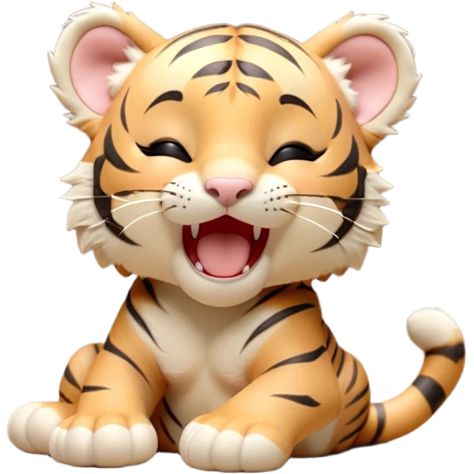 Cinematic Cute Yawning Tiger Cub Portrait Emoji, Head tilted slightly with a dramatic, wide-open yawn, showcasing a small, plush body with drowsy, half-closed eyes and an open, relaxed expression, Simplified yet irresistibly adorable features, highly detailed, glowing with a soft, cozy wild glow, high shine, relaxed yet expressive, stylized with a dash of whimsical jungle charm, soft glowing outline, capturing the essence of a drowsy yet affectionate tiger cub that appears ready to stretch out for a nap! emoji
