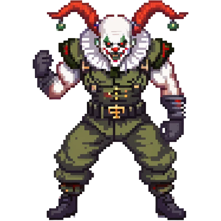 evil clown soldier, bald, short black devil horns on forehead, fangs, pointed ears, black and military green clothes, realistically proportioned, bulky and muscular, full body, fighting stance emoji
