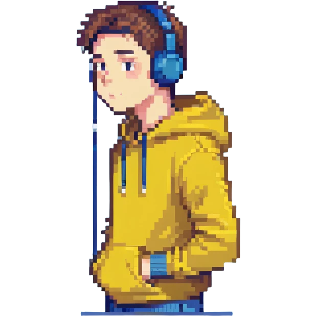 full body man wearing a yellow hoodie, earbuds in ears, suspicious expression, not proportionate body type, head to toe emoji