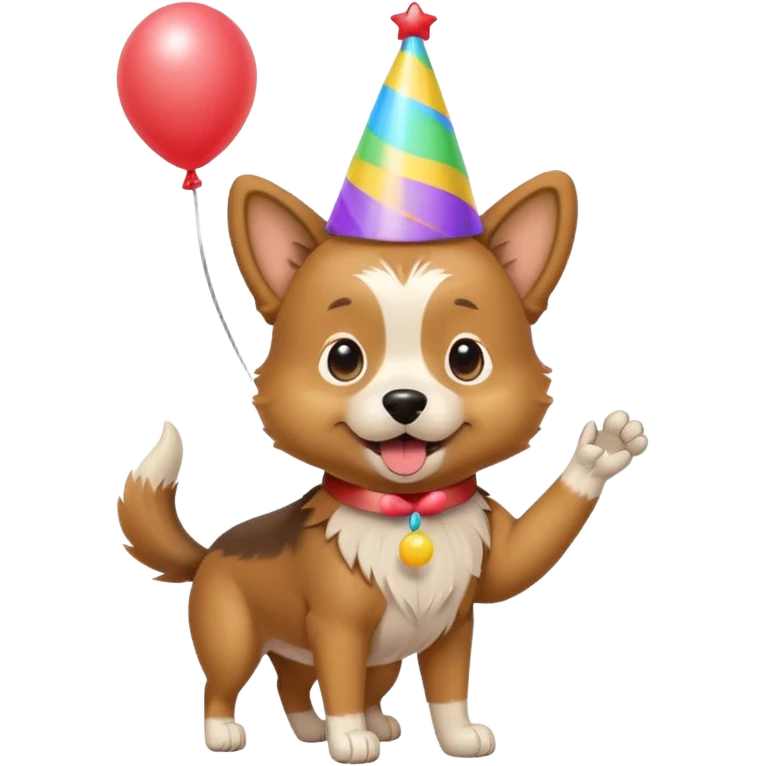 A dog wearing a party hat, wagging its tail while holding a tiny balloon.

















 emoji