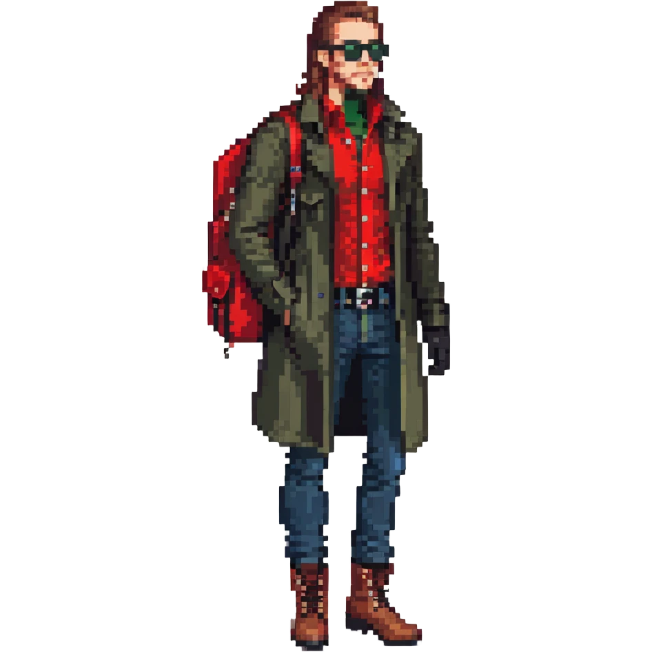 Man with long brown hair, brown goatie, sunglasses, wearing red button up shirt with a sling horizontally across the torso, wearing a black trenchcoat, blue jeans, long black military boots, red fingerless gloves, green backpack emoji