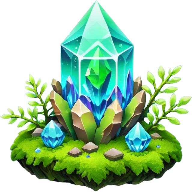 Crystal growing from moss with neon aura emoji
