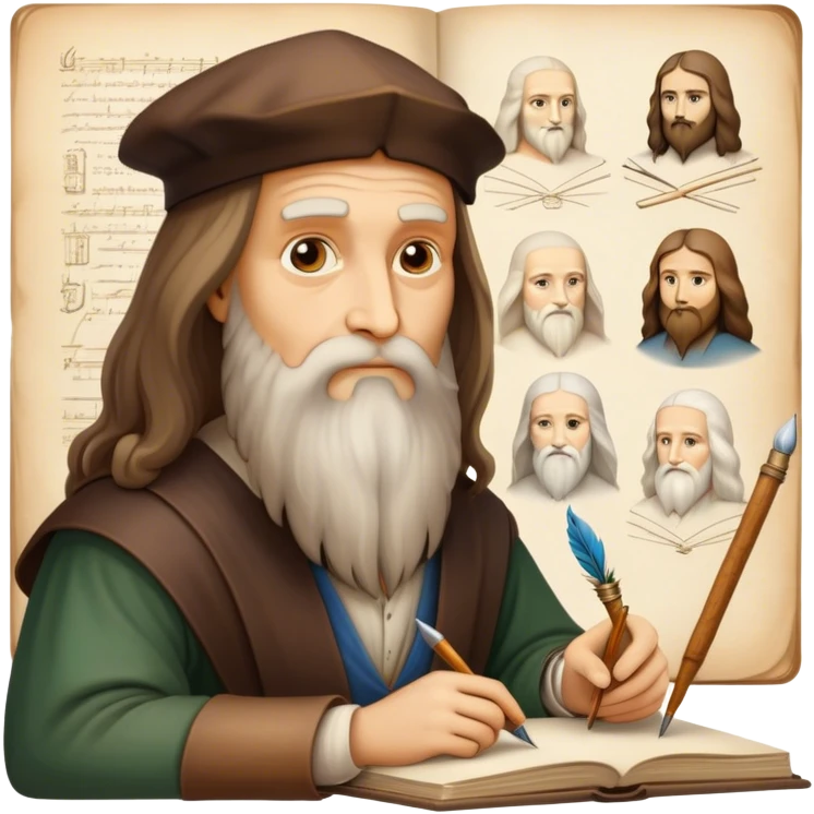 Cinematic Realistic Leonardo da Vinci Portrait Emoji, depicted as the quintessential Renaissance polymath with deep, thoughtful eyes, a flowing beard, and a quill or sketchbook in hand. The scene is illuminated with warm, classical lighting, evoking the atmosphere of a master artist’s workshop, surrounded by early sketches of inventions and masterpieces like the Mona Lisa. emoji