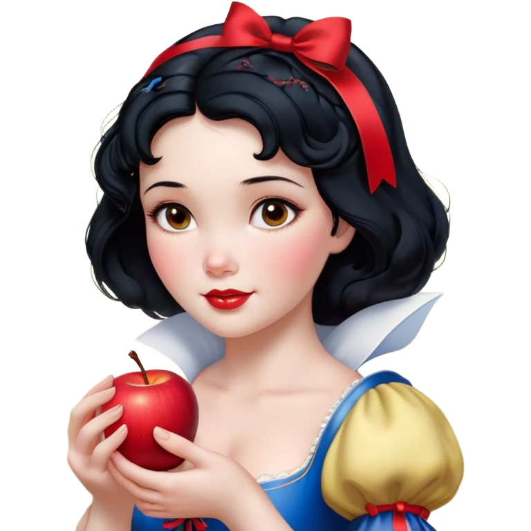 Cinematic Realistic Snow White Portrait, depicted with lifelike skin texture, soft natural lighting, and intricately detailed black hair styled with a red ribbon. Her soft brown eyes radiate innocence and kindness, complemented by a warm, gentle smile. She holds an apple in one hand, her other hand resting against her cheek, embodying her purity and charm. She is dressed in her classic yellow, blue, and red gown, the fabric rich in texture with delicate folds that catch the light beautifully. The portrait features a soft, natural glow with a radiant finish, capturing the essence of timeless beauty in a realistic and painterly style. emoji