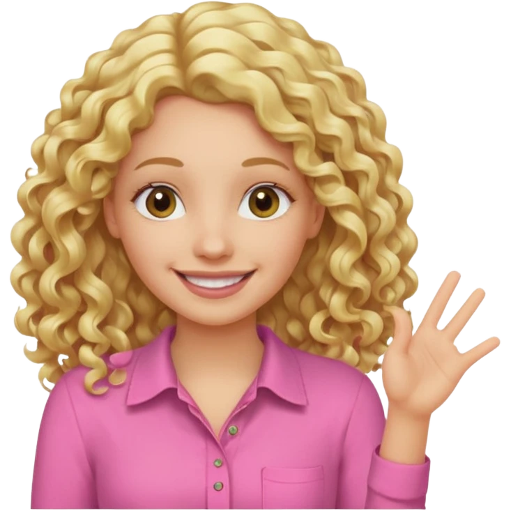 long blonde curly hair teacher wearing pink saying hello emoji