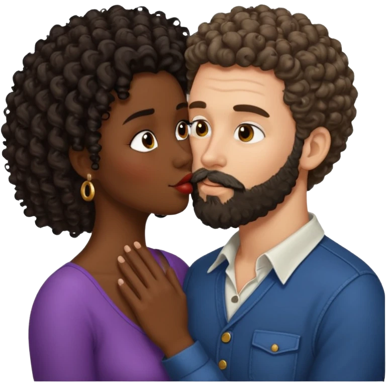 Beso mujer morena rizada y hombre blanco con barba negra emoji